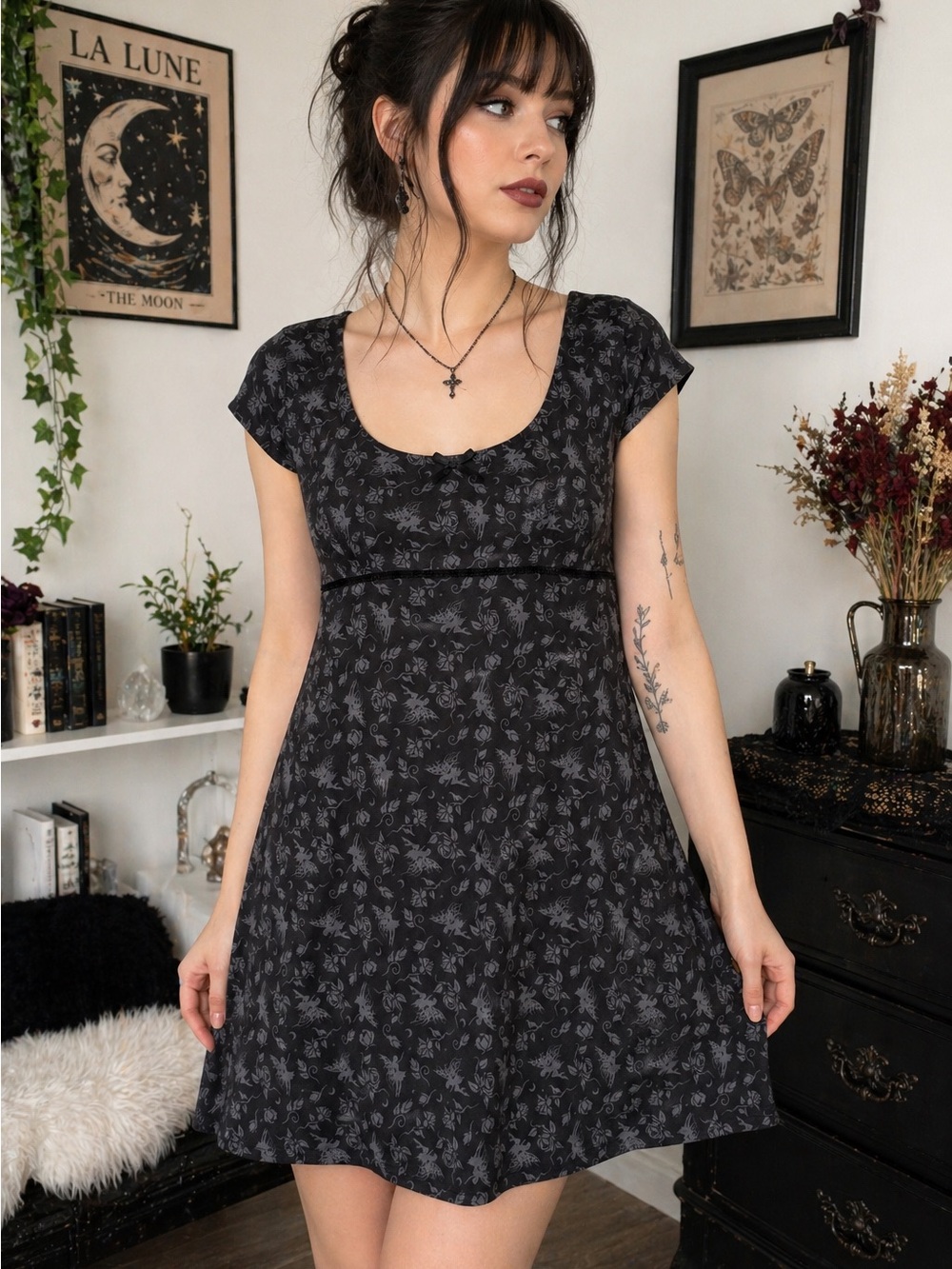 Thorn & Fable Dress Small Black Fairy FloralPrint EmpireWaist Whimsigoth Forrest